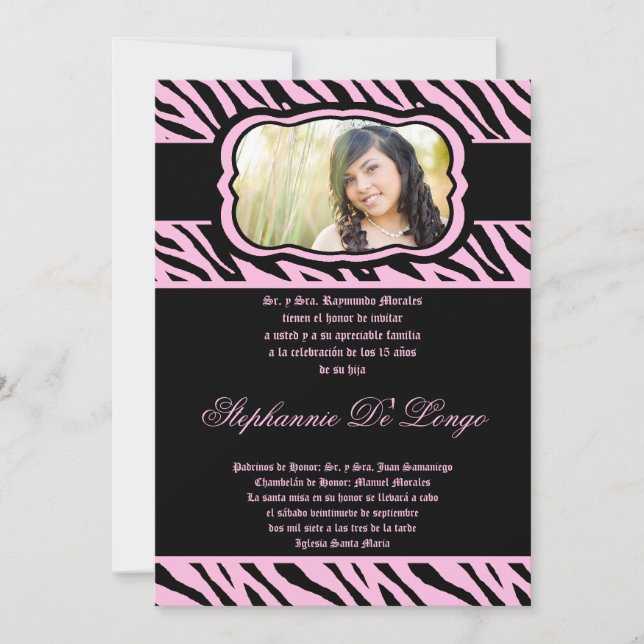 5x7 rose Zèbre Imprimer Quinceanera Invitation (Devant)