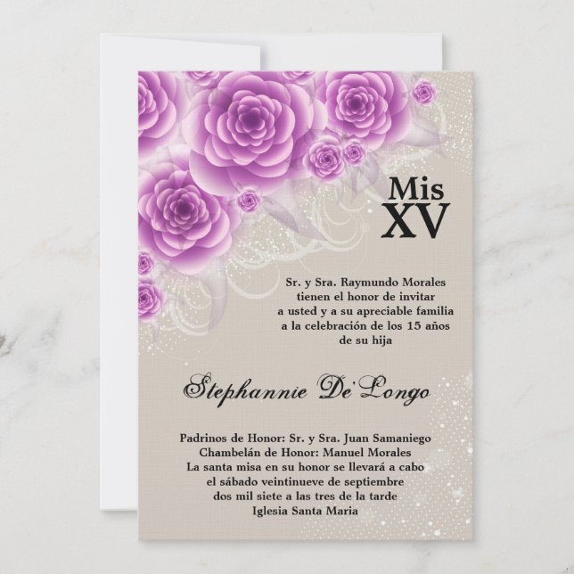 5x7 Roses violets Quinceanera Invitation d'anniver (Devant)