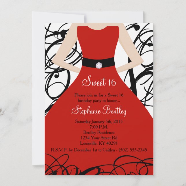 5x7 Rouge Robe Douce 16 Anniversaire Invitation (Devant)