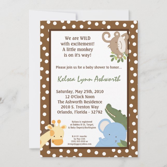 5x7 Safari Jungle Zoo Invitation Baby shower anima (Devant)