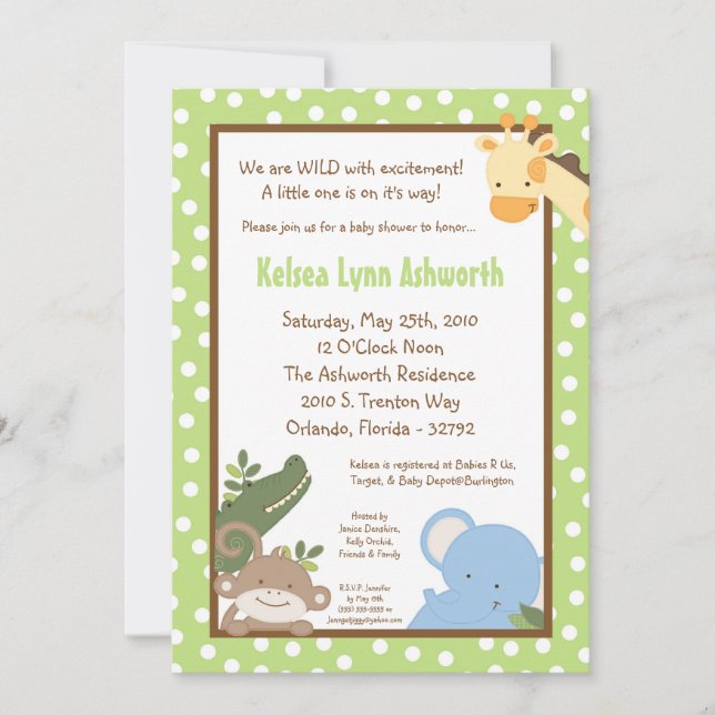 5x7 Safari Jungle ZooAnimal Baby Shower Invitation (Front)