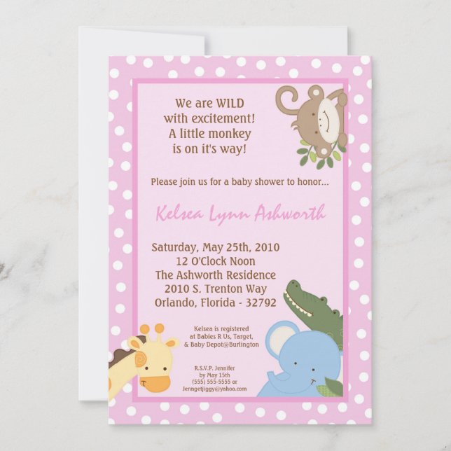 5x7 Safari Jungle ZooAnimal Baby Shower Invitation (Front)