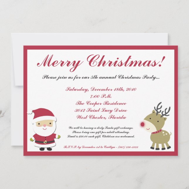 5x7 Santa Rudolf Reinde Christmas Party Invitation (Front)