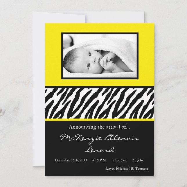5x7 Sassy Yellow Zebra PHOTO Birth Announcement (Front)
