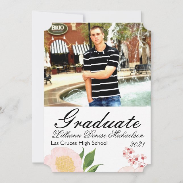 5x7 Senior Announcement Baby Pink Cosmos on White (Front)