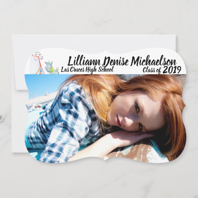 5x7 Senior Announcement Boho Llama Bohemian Cacti (Front)