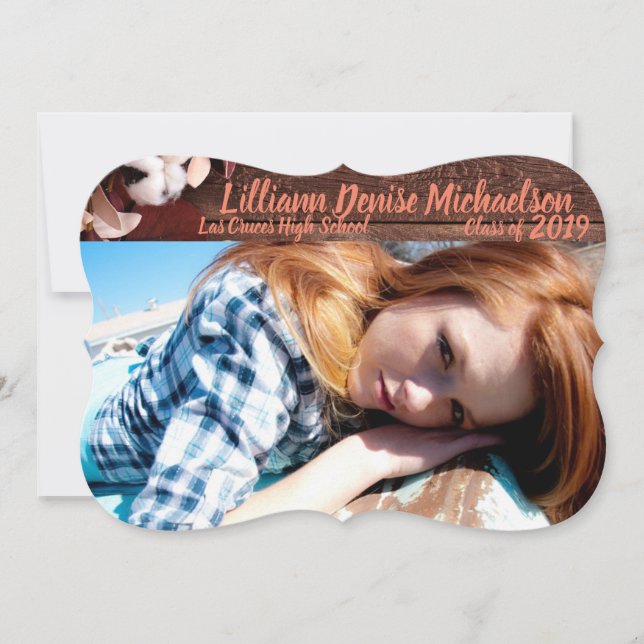 5x7 Senior Announcement Cotton Branch on Dark Wood (Front)