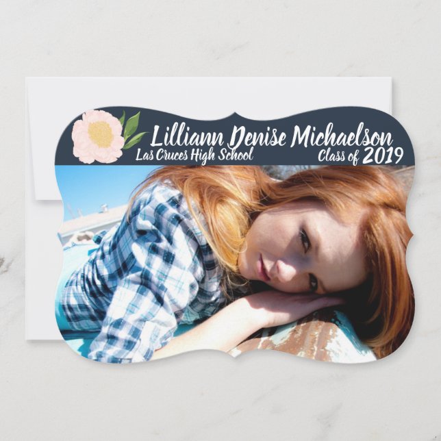5x7 Senior Faire-part Baby Pink Cosmos sur Navy (Devant)