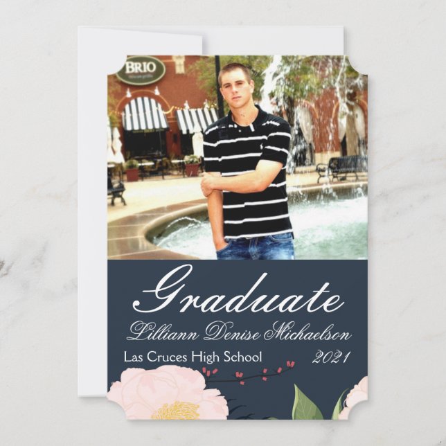 5x7 Senior Faire-part Baby Pink Cosmos sur Navy (Devant)