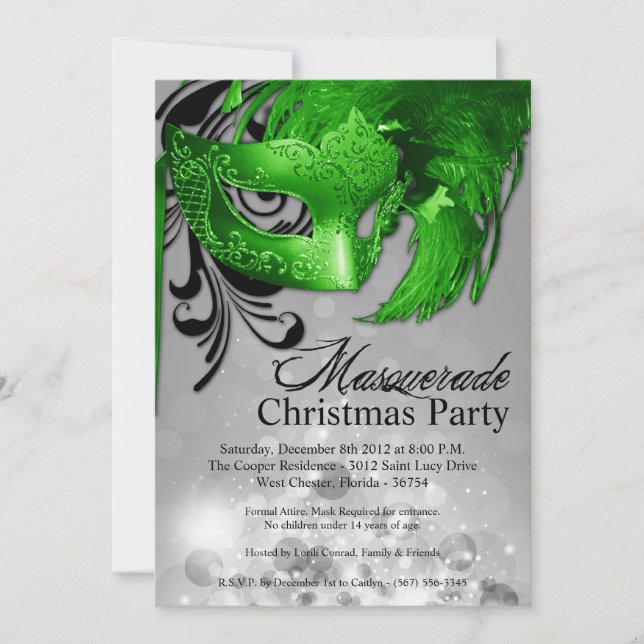 5x7 Silver Green Masquerade Christmas Invitation (Front)