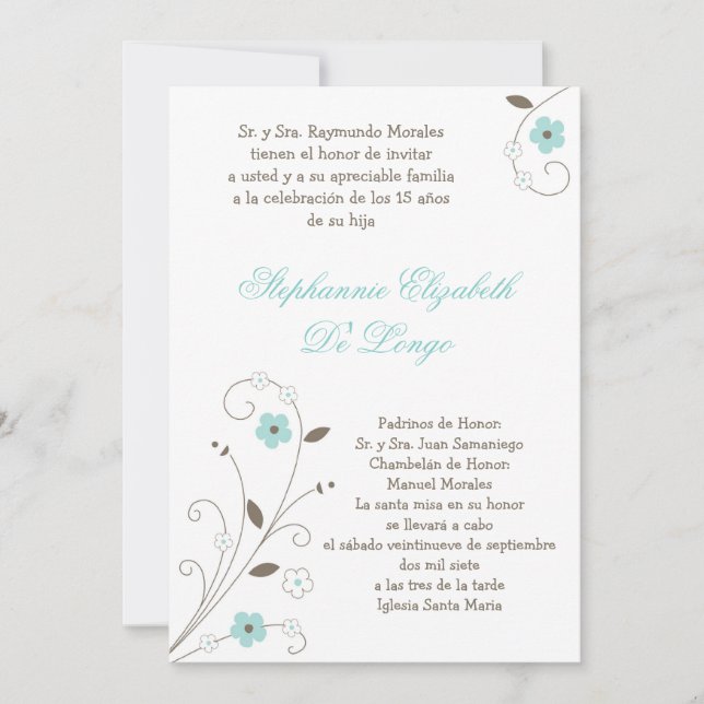 5x7 Spring BlueFlower Quinceanera Invitation (Front)
