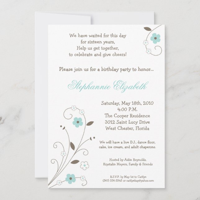 5x7 Spring BlueFlower Sweet 16 Birthday Invitation (Front)