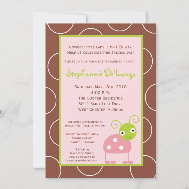 5x7 Spring Rose Lady Baby shower Bug Invitation (Devant)