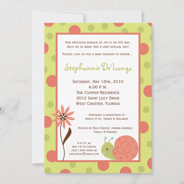 5x7 Spring Snail Bug Flower Baby Shower Invitation (Front)