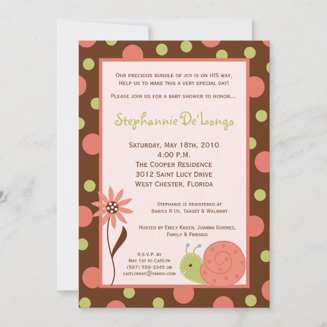 5x7 Spring Snail Bug Flower Baby Shower Invitation (Front)