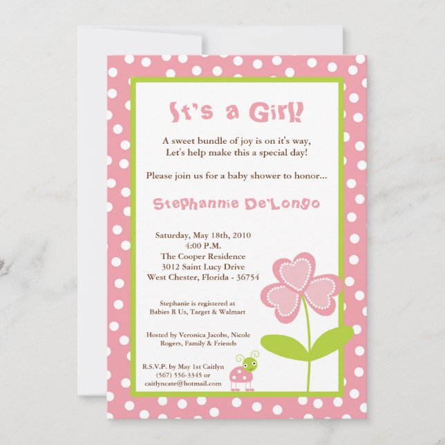 5x7 Spring Time Lady Bug Baby Shower Invitation (Front)