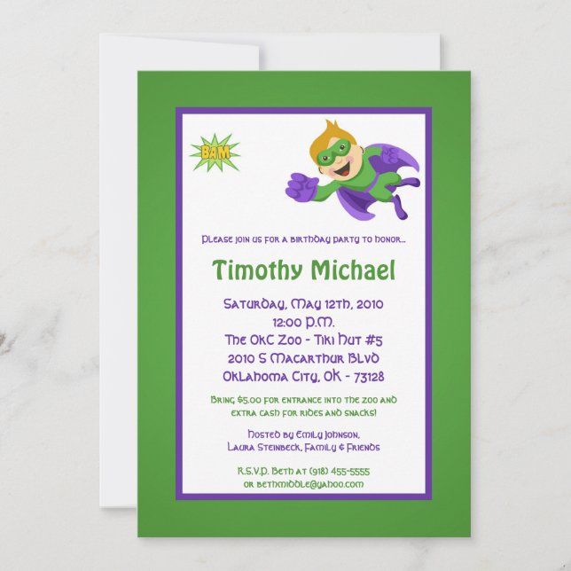 5x7 Super Hero Kid Boy Birthday Party Invitation (Front)