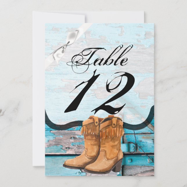 5x7 Table Number Card Blue Wood Barn Door Boots (Front)