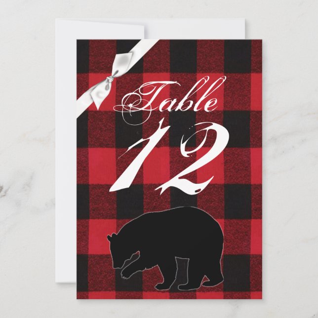 5x7 Table Number Card Red Plaid Black Bear (Front)