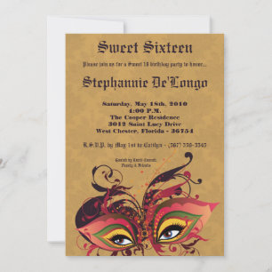5x7 Tan Masquerade Sweet 16 Birthday Invitation