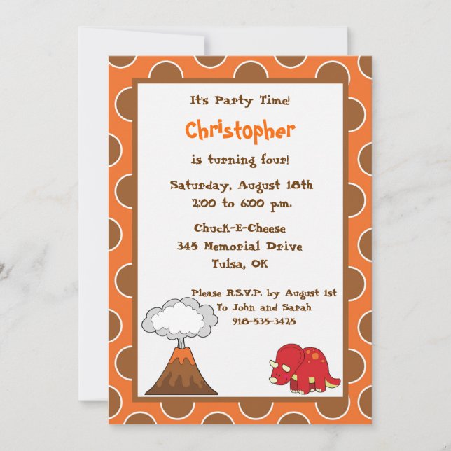 5x7 Tan Polkadot Dinosaur Invitation d'anniversair (Devant)