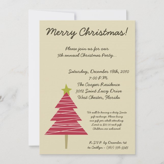 5x7 Tan & Red XMAS Tree Christmas Party Invitation (Front)