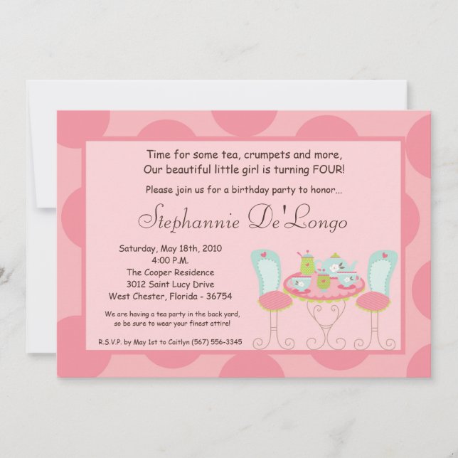 5x7 Tea Party Polka Dot Birthday Party Invitation (Front)