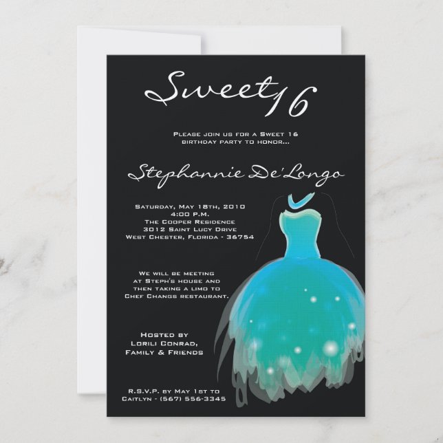 5x7 Teal Aqua Dress Sweet 16 Birthday Invitation (Front)