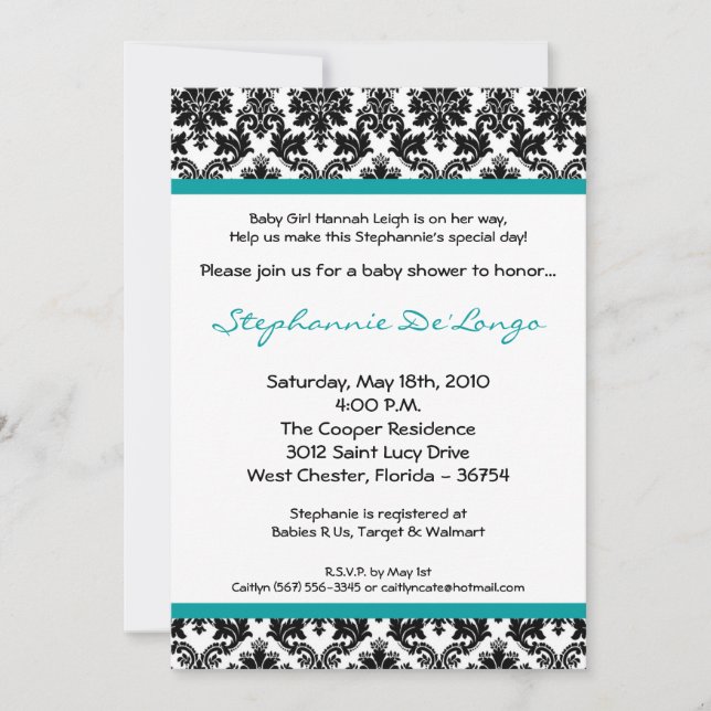5x7 Teal Black Damask Baby Shower Invitation (Front)