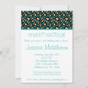 5x7 Teal Cheetah Print 16th Birthday Invitation