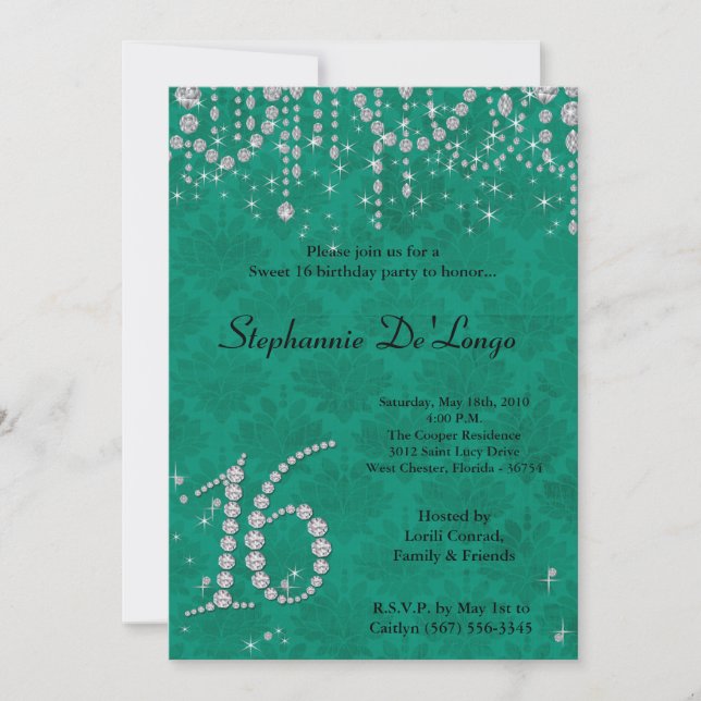 5x7 Teal Diamond Sweet 16 Birthday Invitation (Front)