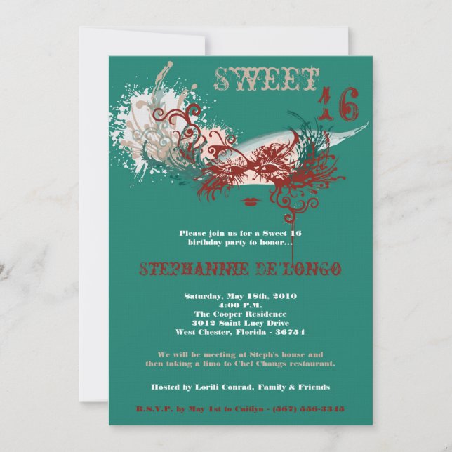 5x7 Teal Masquerade Sweet 16 Birthday Invitation (Front)