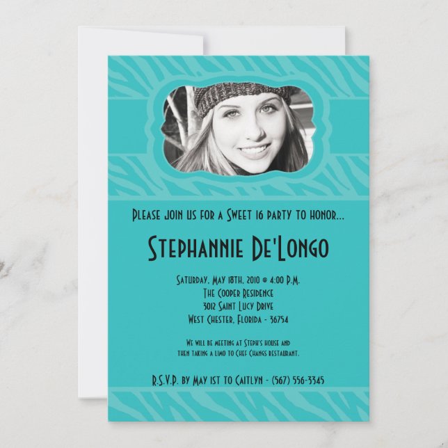 5x7 Teal Zebra PHOTO Sweet 16 Birthday Invitation (Front)