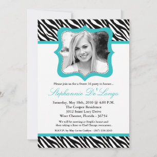 5x7 Teal Zebra PHOTO Sweet 16 Birthday Invitation