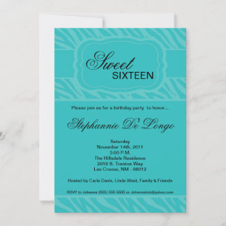 5x7 Teal Zebra Print Birthday Party Invitation