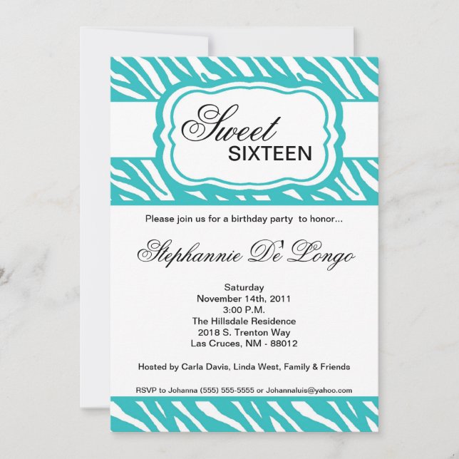 5x7 Teal Zebra Print Birthday Party Invitation (Front)