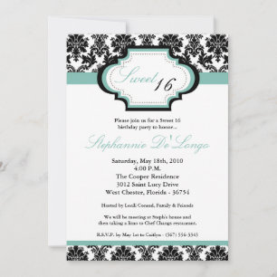 5x7 TiffanyBlu Damask Sweet 16 Birthday Invitation