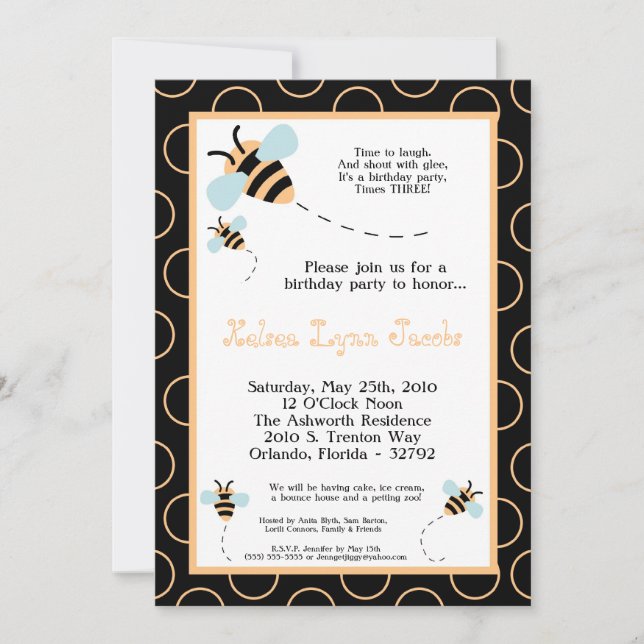 5x7 TRIPLET Bumbl Honey Bee Birthday Invitation (Front)