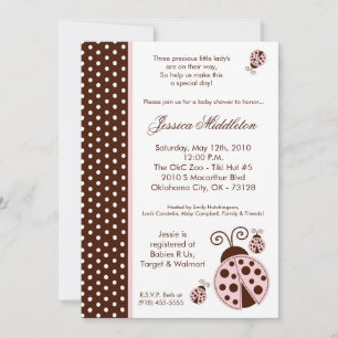 5x7 TRIPLET Lady Bug Polka Baby Shower Invitation