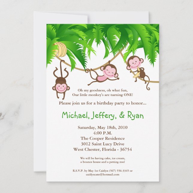 5x7 TRIPLET Monkey Jungl Birthday Party Invitation (Front)