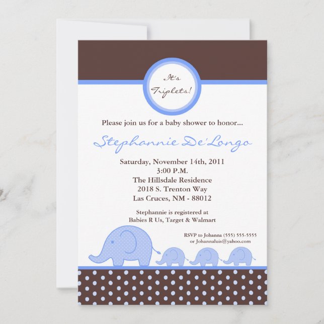 5x7 TRIPLETS Mod Elephant Baby Shower Invitation (Front)