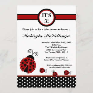 5x7 TRIPLETS Red Lady Bug Baby shower Invitation