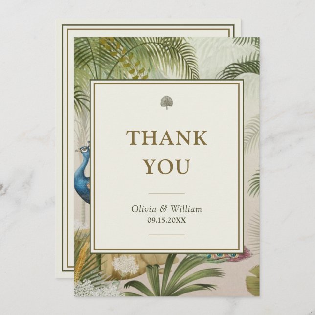 5x7 Tropical Peacock Palm Custom Message Wedding  Thank You Card (Front/Back)