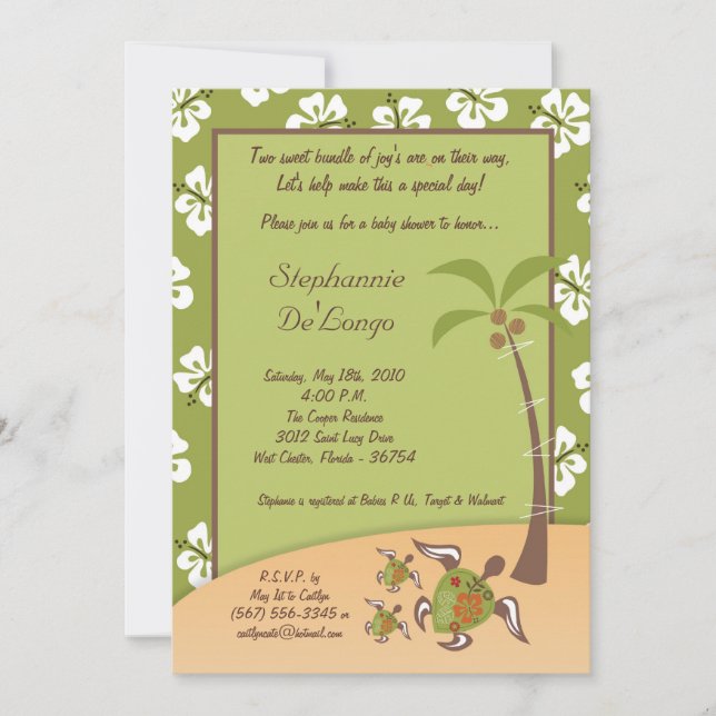 5x7 Tropical Turtle Mama TWINS Douche Invitation (Devant)