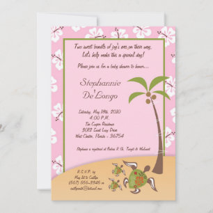 5x7 Tropical Turtle Mama TWINS Douche Invitation