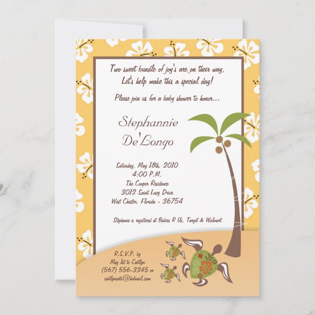 5x7 Tropical Turtle Mama TWINS Douche Invitation (Devant)