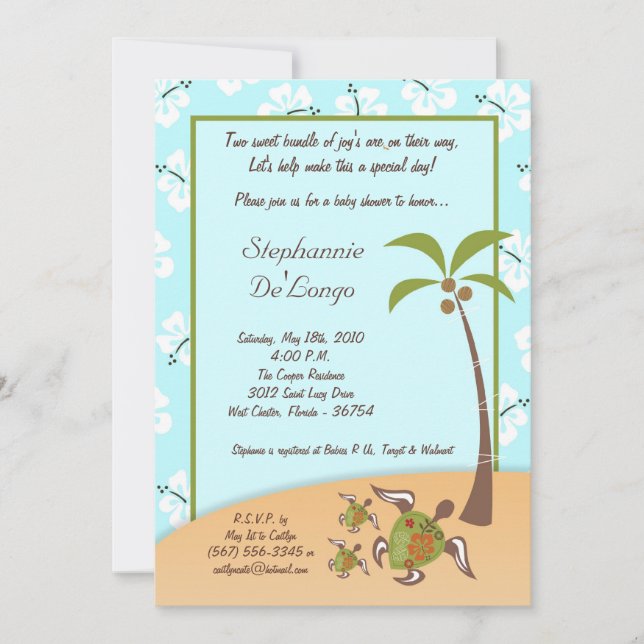 5x7 Tropical Turtle Mama TWINS Shower Invitation (Front)