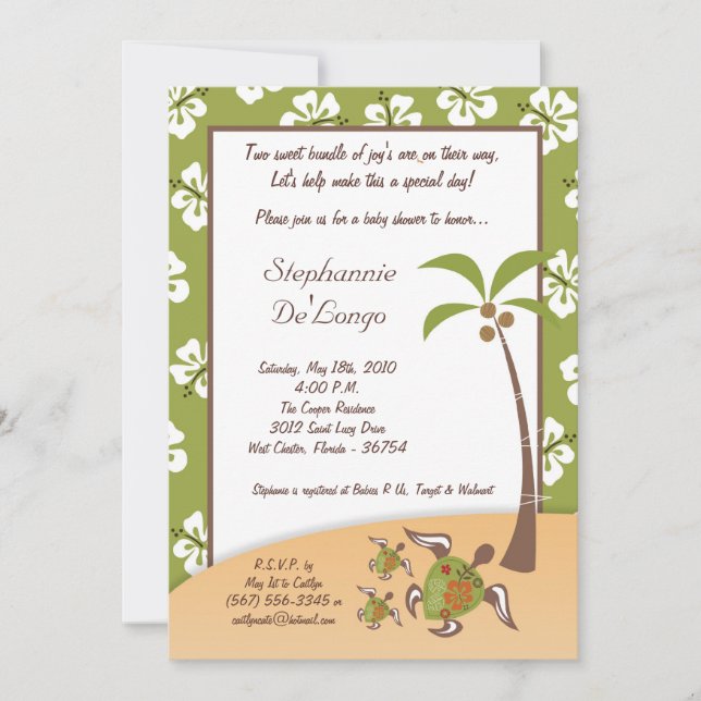5x7 Tropical Turtle Mama TWINS Shower Invitation (Front)