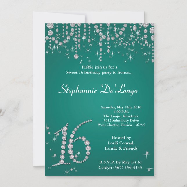 5x7 Turquoise Diamond Sweet 16 Birthday Invitation (Front)