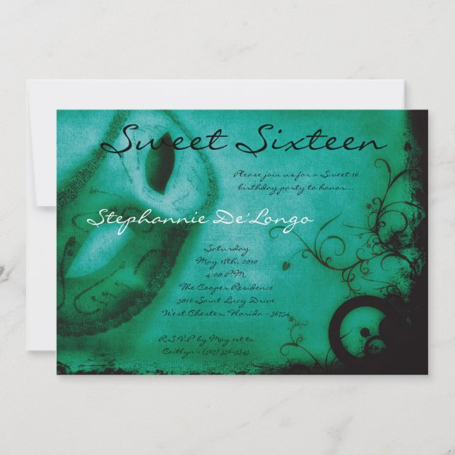5x7 Turquoise Masquerade Sweet 16 Invitation anniv (Devant)